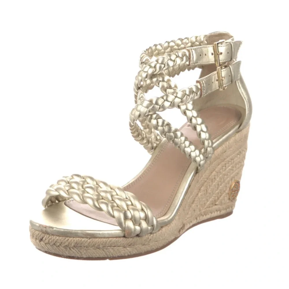 Tory Burch Bailey Metallic Leather Braid Espadrille Wedge Platform Sandals Gold - Picture 15 of 15